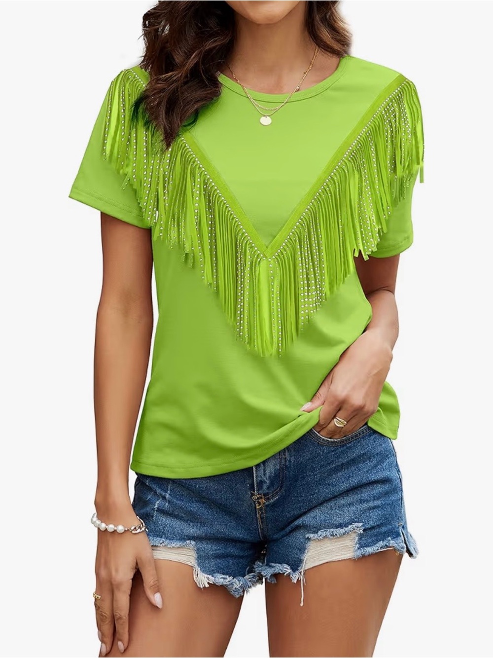 Lime Green Fringe Short Sleeve V-Neck Women's Tee